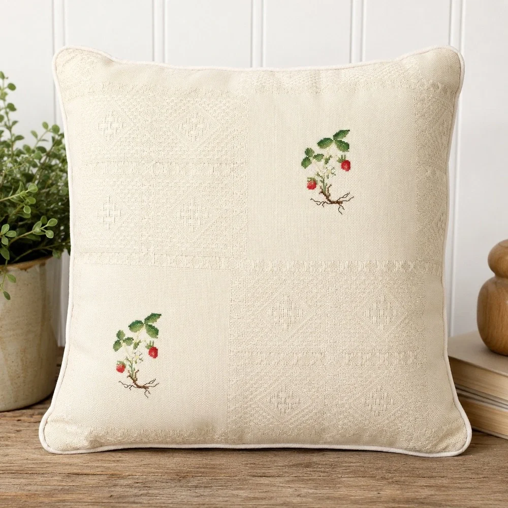 Vintage Cottagecore Embroidered Strawberry Throw Pillow 14